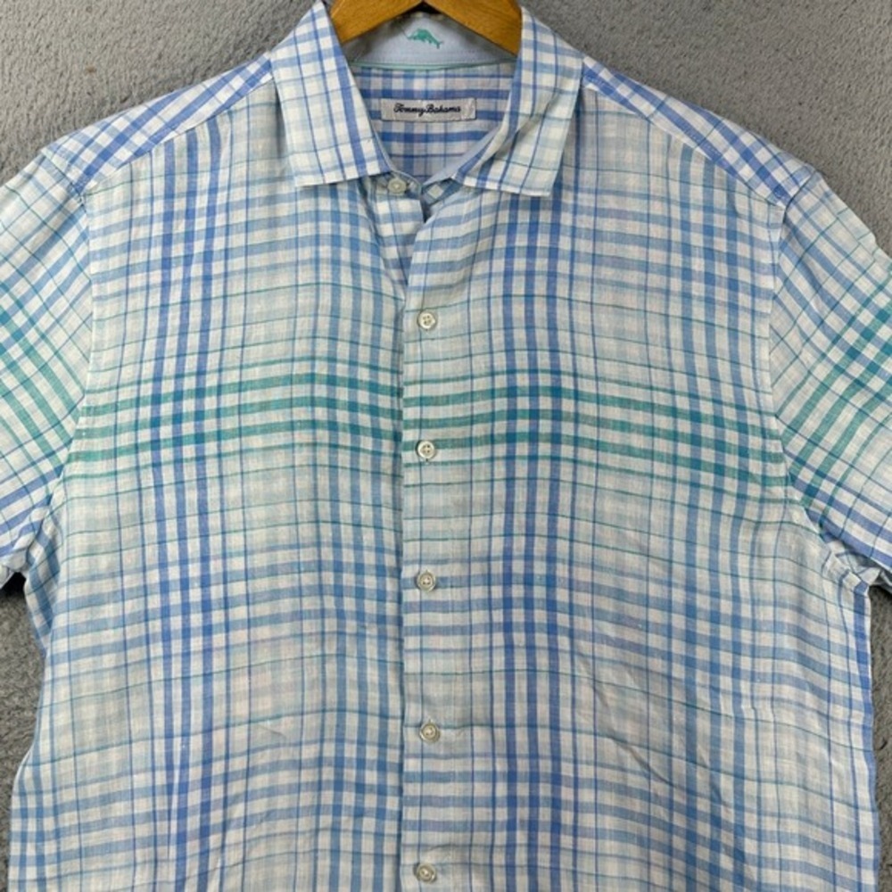 Tommy Bahama 100% Linen Shirt Button Up Men Medium Light Blue White Plaid Pocket